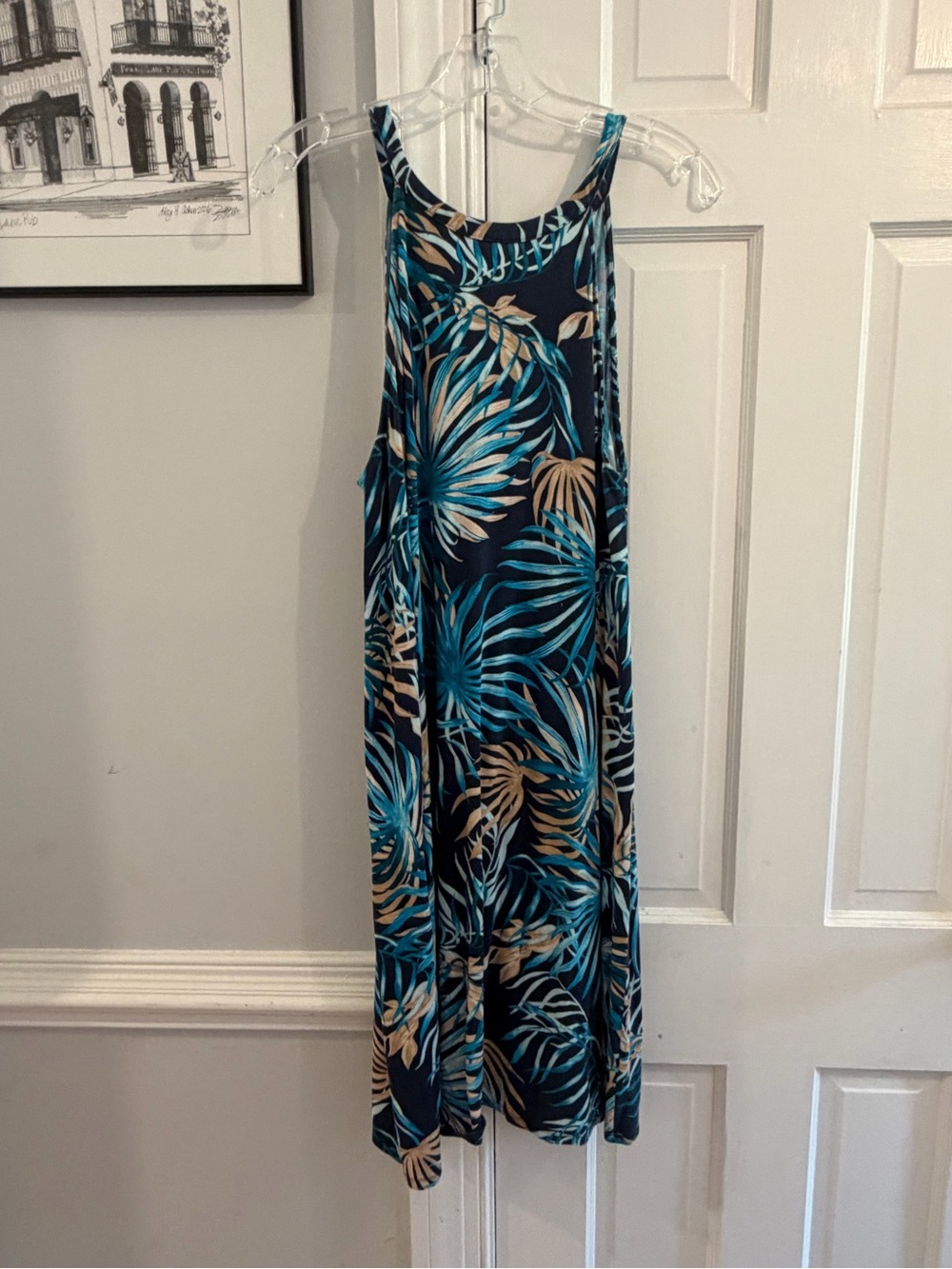 Time and Tru Navy Maxi Dress with Teal & Tan Leaf Print